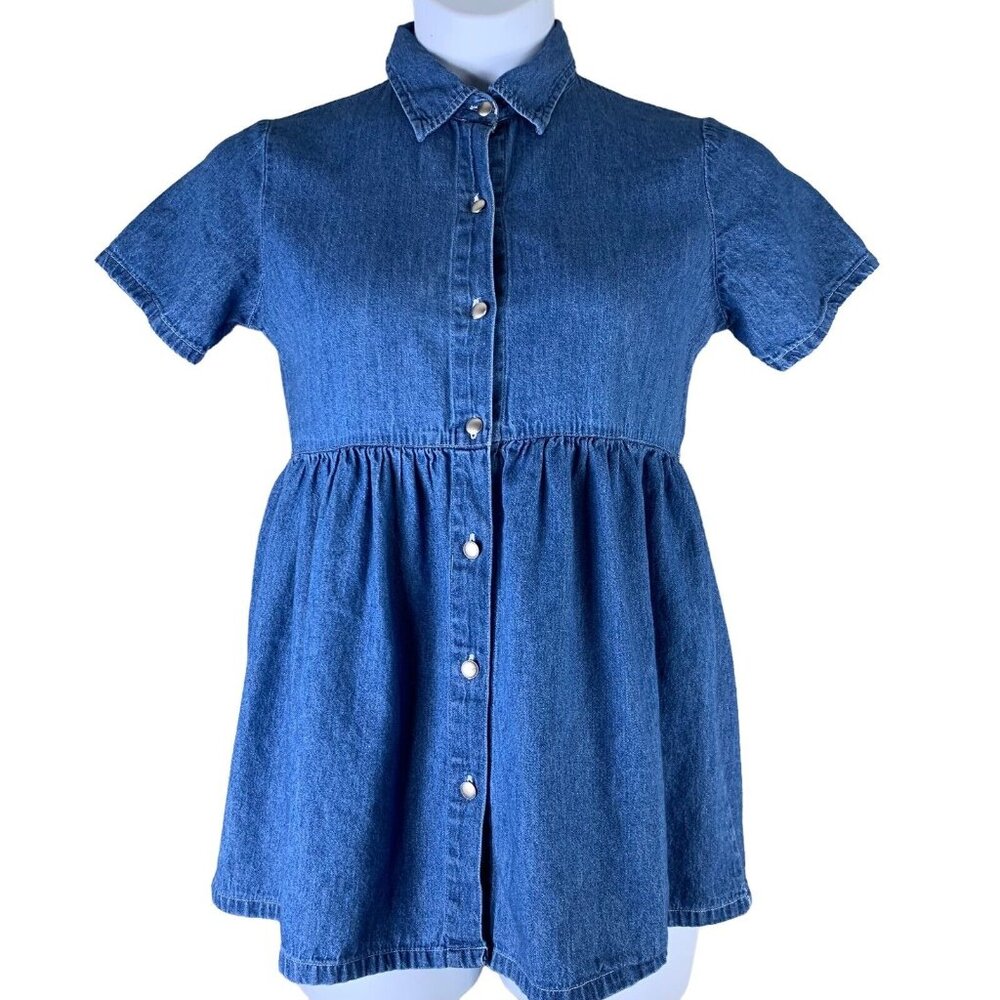 Vintage Denim Shirt Size Small Short Sleeve Button Up Fit Flare Blue HWY 290